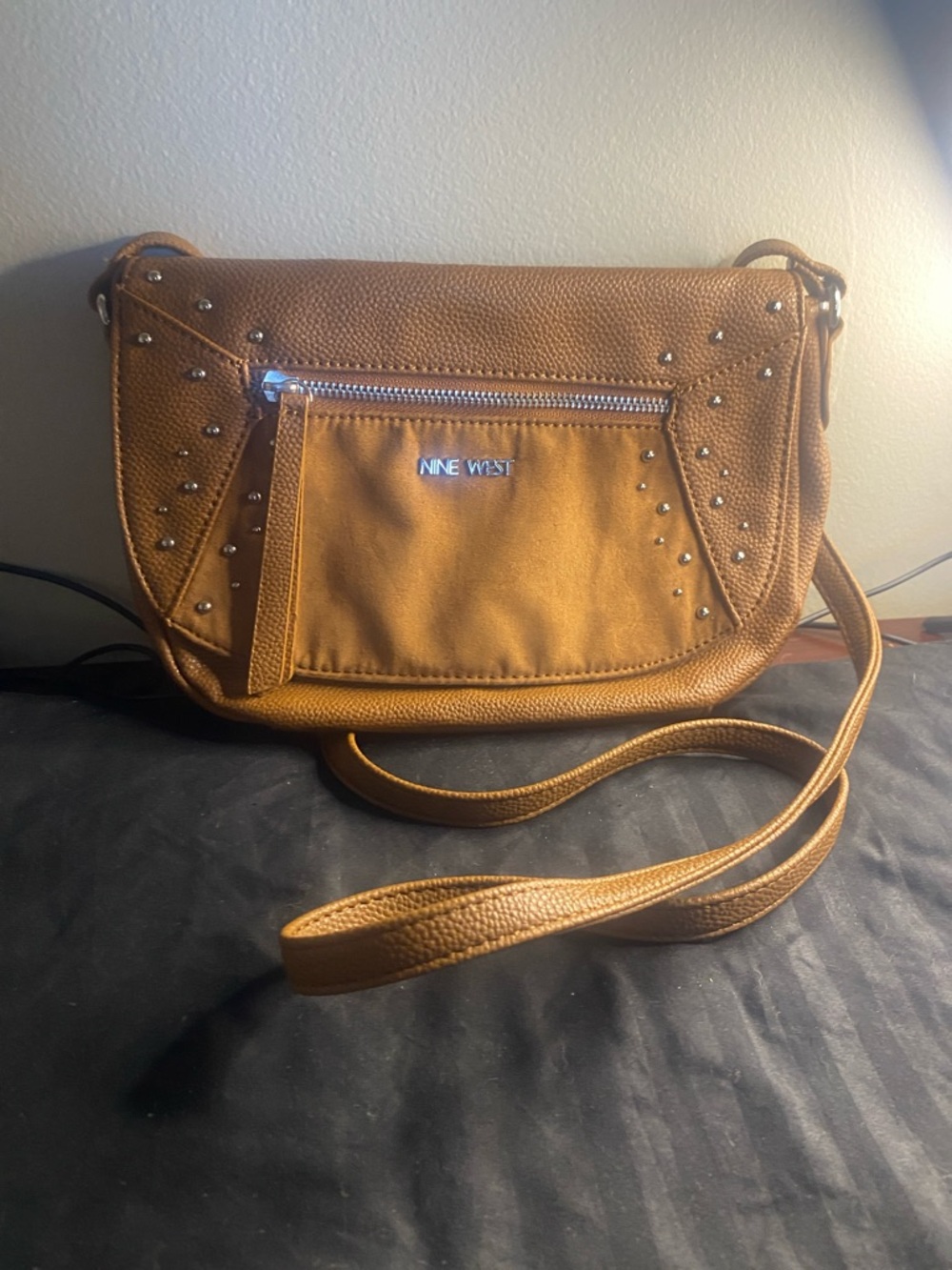 Nine West Cognac Crossbody Bag with Stud Accents